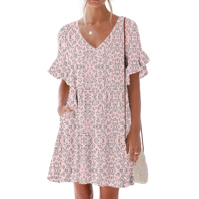 Liquidation d'Été 2025! Robe Grande Taille pour Femmes, Liquidation de Robe d'Été pour Femmes, Robe Décontractée d'Été pour Femmes Douce Mignonne Robe à Col en V avec Poches Imprimée Manches Courtes à Volants