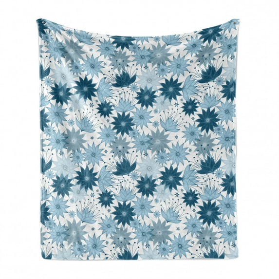 Botanical Soft Flannel Fleece Throw Blanket, Illustration of Festoon Theme Floral Pattern Blooming Flowers in Soft Tones, Cozy Plush for Indoor and Outdoor Use, 50" x 60", Night Blue, by Ambesonne