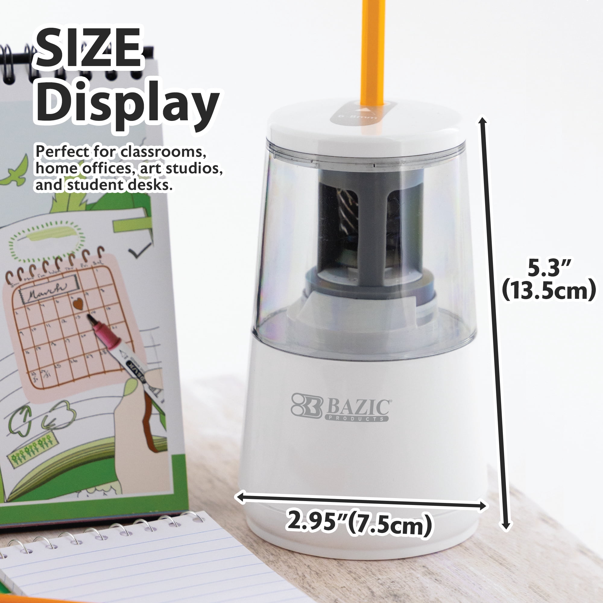 BAZIC Products Electric Pencil Sharpener, Auto Stop for No.2/Colored Pencils (6-8mm), AC Adapter/Battery Powered