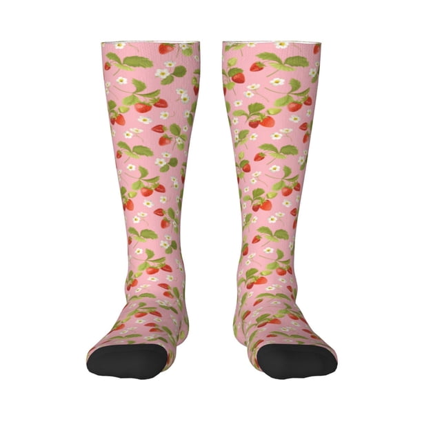 Fotbe Strawberry Floral Calcetas Divertidas Estampadas para Hombre y Mujer, Calcetas de Algodón hasta la Rodilla para Caminar, Correr, Enfermería y Embarazo