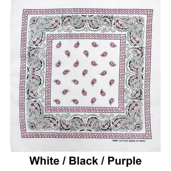 White Black Puple Paisley Design Print Cotton Bandana (22 inches x 22 inches)