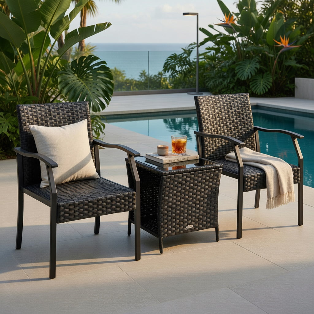 Hommoo 3-Piece All-Weather Wicker Patio Chair Set with Quick-Dry Foam Cushions & Tempered Glass Coffee Table, PE Rattan Outdoor Seating for Backyard, Poolside & Porch, Brown