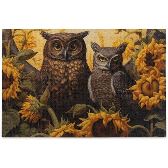 1000 Pieces Wooden Jigsaw Puzzle Vintage Owl Sunflower with Storage Bag Reference Picture Alphabet Back Stress Relief Brain Teaser Home Decor Unique Gift for Adults Owl Lovers