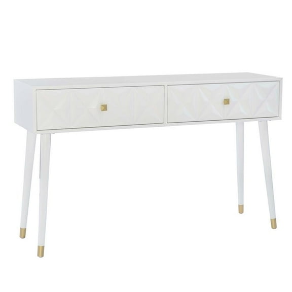Linon Alick Wood Geo Texture Console Table Drawers Gold Hardware in Glossy White