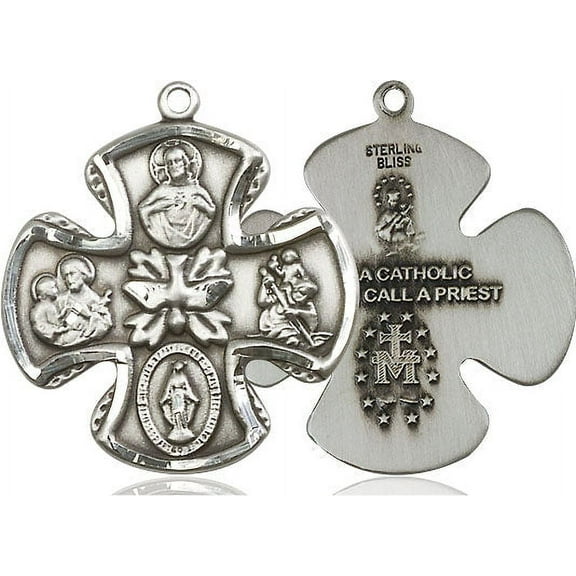Extel Large Pewter Traditional Catholic 5-Way Cross Cruciform Medal with Miraculous Medal, St. Joseph, St. Christopher and Sacred Heart, Made in USA