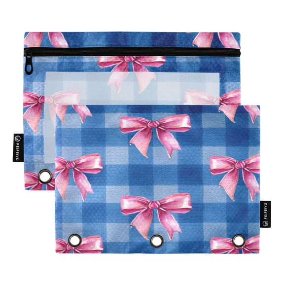 2 Pack 3 Ring Binder Pouch with Clear PVC Window Water Resistant Zipper Pencil Pouch Pink Bows Binder Pocket for Classroom Office Home Stationery Organization