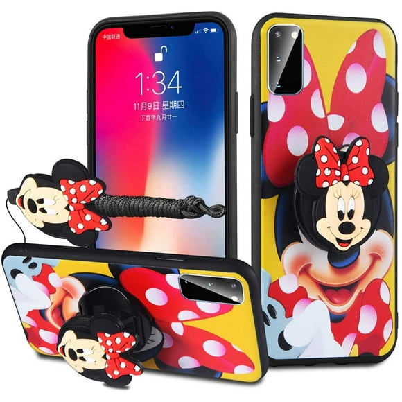 Galaxy S20 Plus Case - Minnie Mickey Mouse Cartoon Case Soft Silicone TPU Shockproof Case with Phone Stand and Detachable Long Lanyard for Kids (Yellow, S20 Plus)