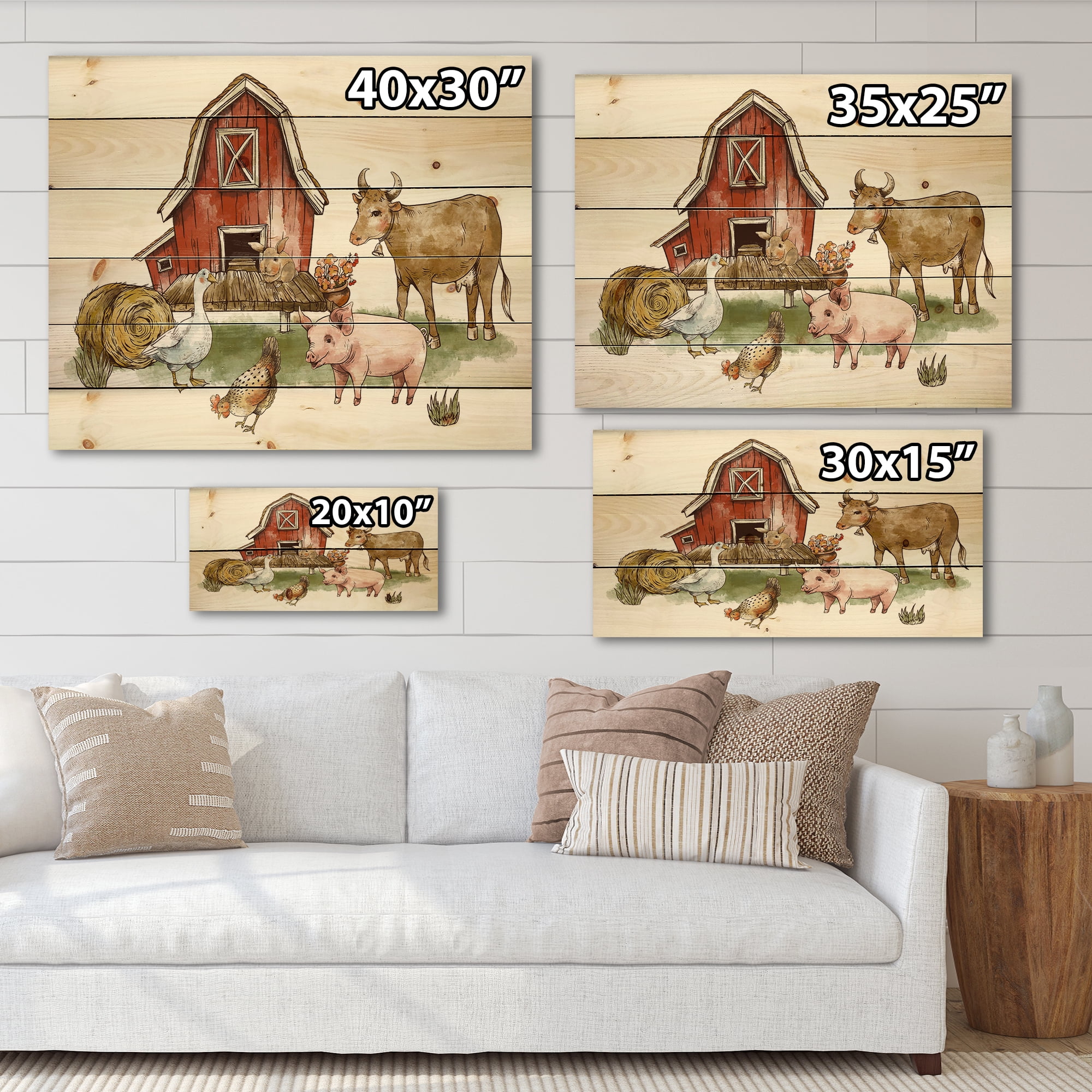 Designart 'Farm House With Goose Cow Pig Chicken and Haystack' Rustic Print on Natural Pine Wood