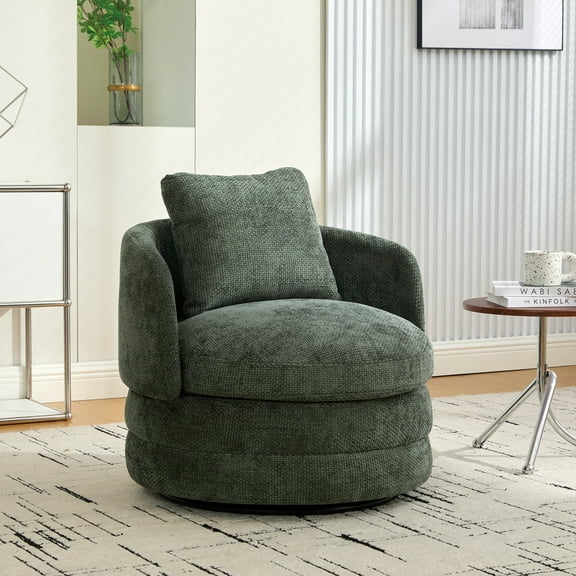 Jopath Swivel Accent Chair with Pillow,360° Round Barrel Chair,Chenille Upholstered Armchair Single Club Sofa Chair for Living Room,Bedroom, Reading Room, Balcony, Lounge,Green