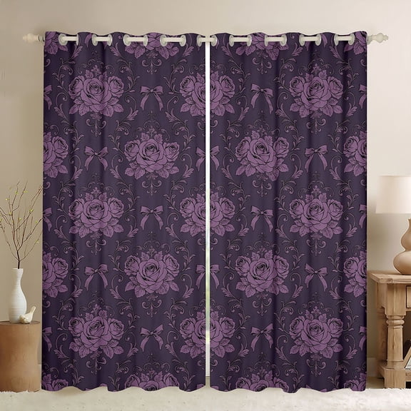 Feelyou Purple Romantic Rose Black Out Curtains, Damask Curtains Pack of 2 (42x63 Each)