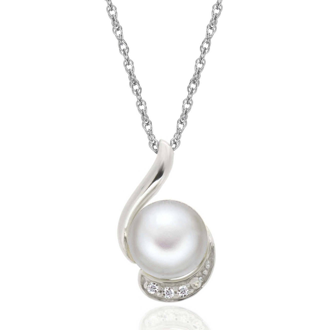 Brilliance 925 Sterling Silver Freshwater Pearl and Created White Sapphire Pendant with 18" Chain