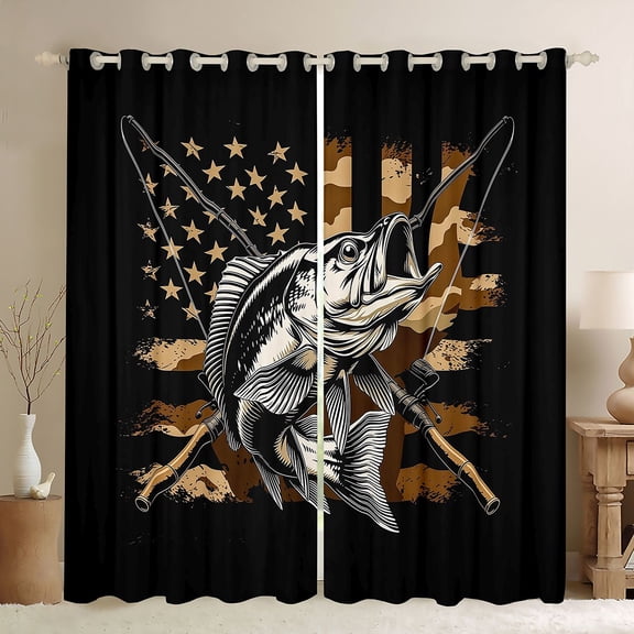 Manfei Hunting and Fishing Bass Fish Kitchen Curtains, Vintage USA Flag Black Out Curtains Pack of 2 (42x63 Each), Black Brown Beige