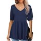 thumbnail image 1 of Blusa de manga corta con cuello en V para mujer, blusa de manga corta con volantes de Color puro a la moda para verano, azul marino S, 1 of 5