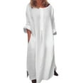 thumbnail image 2 of IDALL Summer Dresses,Maxi Dresses Women Casual Long Sleeve Solid O-Neck Summer Cotton Maxi Dress With Pockets Long Dresses,Linen Dress,Modest Dresses White Dress 2XL, 2 of 7