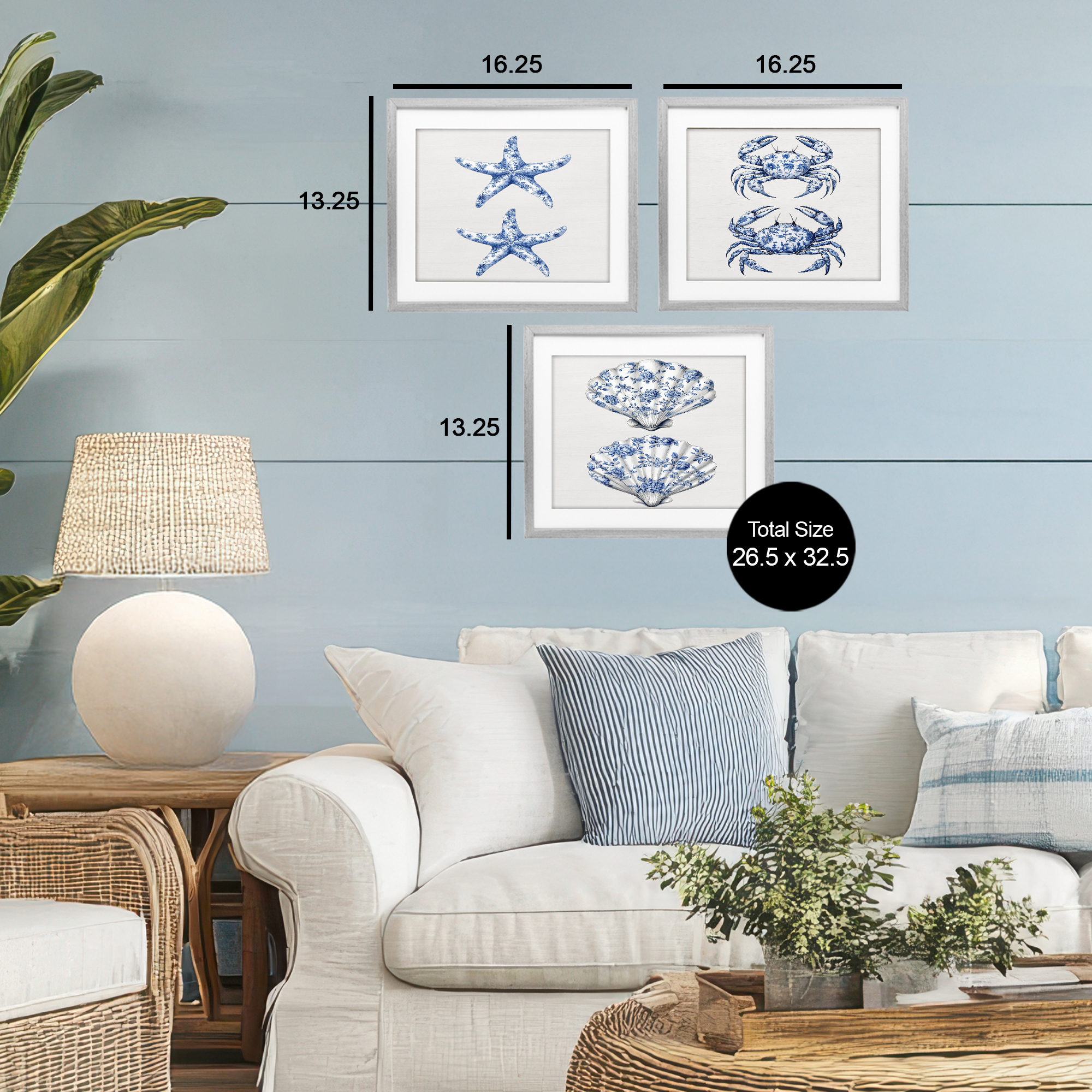 Vintage Toile Starfish & Crabs 3 Piece Gray Framed Print Under Glass Set, design by Lettered and Lined