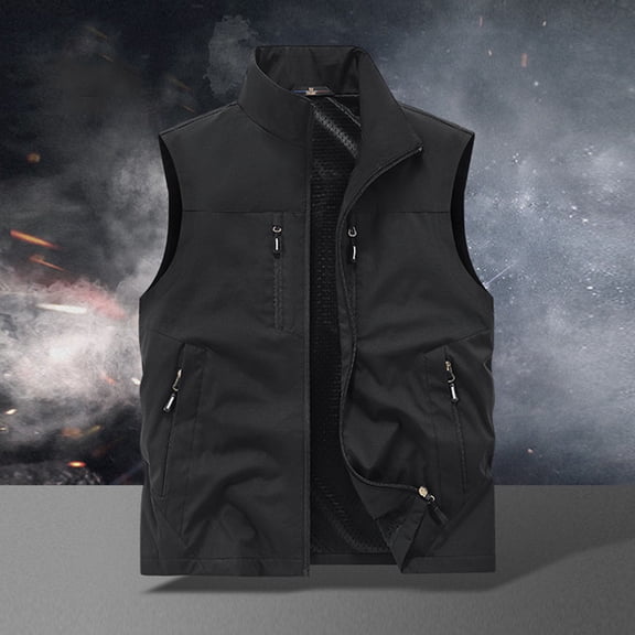 Men's Solid Color Sleeveless Casual Vest with Stand Collar and Multiple Pockets for Outdoor and Daily Wear