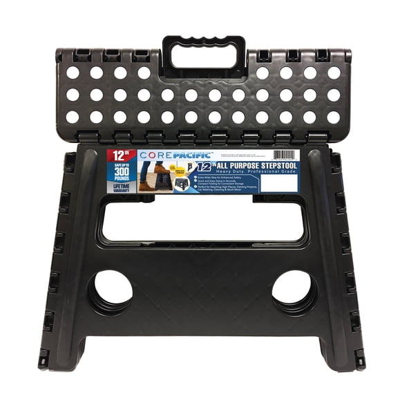 Core Pacific Extra Wide Folding Step Stool Black 12 inch with Non-Slip Surface