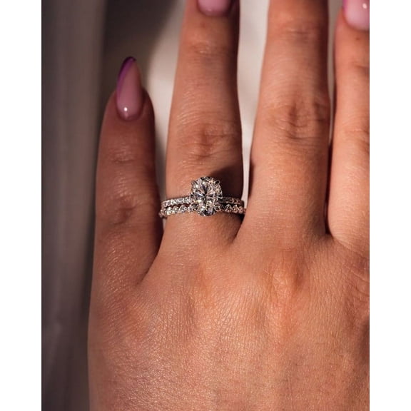 SOLITAIRE JEWELS 1.50CT Oval Moissanite Diamond Engagement Ring With Matching Wedding Band 10K White Gold