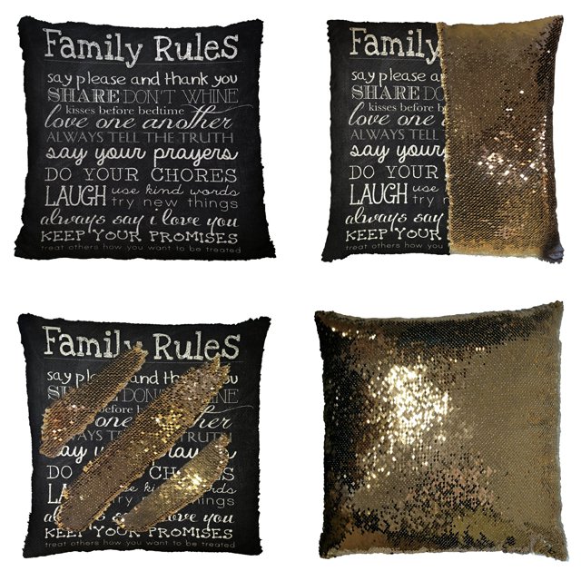 ABPHQTO Reglas de la familia Funda de almohada de lentejuelas sirena reversible educativa Funda de cojín para decoración del hogar 40x40 cm