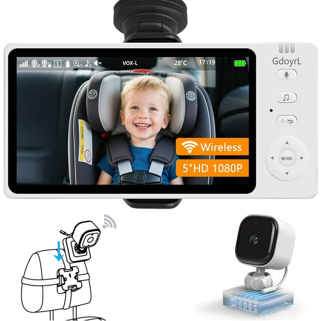 Monitor inalámbrico para auto para bebé GdoyrL, pantalla HD 1080P de 5"