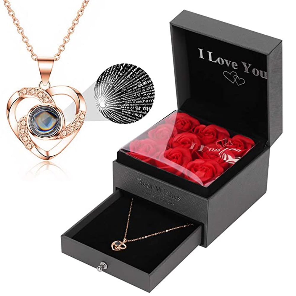 Handmade Preserved Rose Gift Box with Forever Rose and Love You Necklace in 100 Languages Enchanted Flower Gift for Girlfriend Mother Wife on Anniversary Valentine's Day Mother's Day Christmas Day