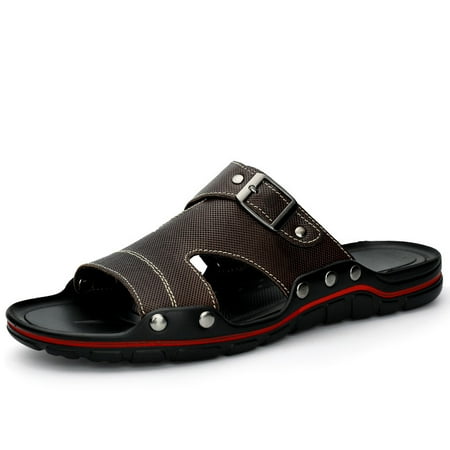 

Men‘s Genuine Leather Slides Fashion Lightweight Slippers Casual Wear-resistant House Shoes Comfortable Open Toe Non-Slip Sandals For Indoor Outdoor Beach Shower