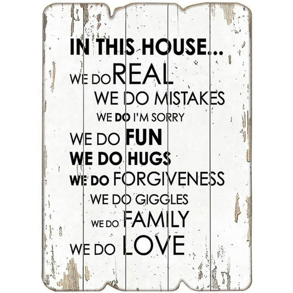 in This House Vintage Inspirational Wooden Wall Aluminum Signs for Home Decor, Shabby Chic Wall Art Sign with Quotes Sayings Size: 12 x 8 Inches