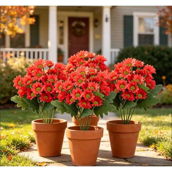 5 Bundles Artificial Fall Mums Flowers, UV Resistant Realistic Faux Silk Daisy, No Fade Outdoor Fake Autumn Flowers for Patio Porch Garden Yard Decor