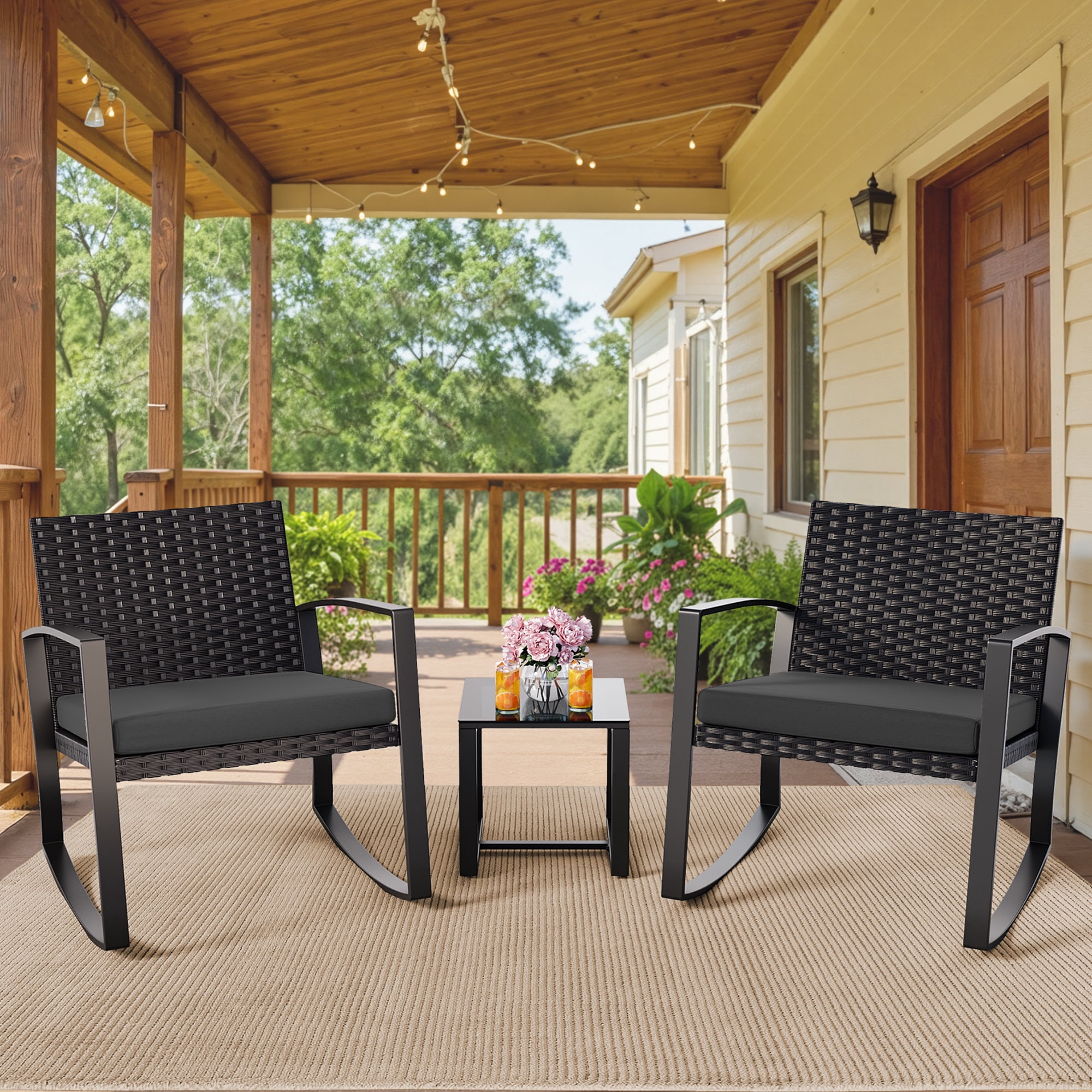 Lofka 3-Piece Patio Furniture Set Clearance with Tempered Glass Coffee Table and Rattan Rocking Chairs for Outdoor, Porch & Balcony, Black