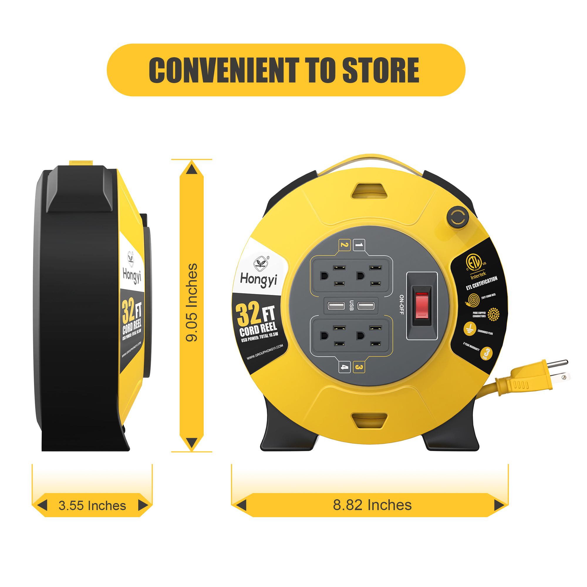 Hongyi Extension Cord Reel 32ft,16AWGX3C,SJT,4-Outlet and 2-USB Ports,Yellow