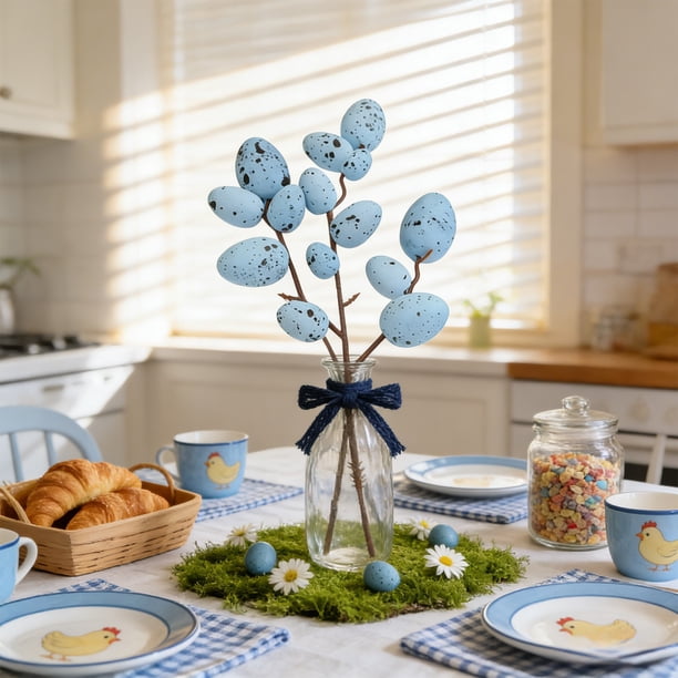Ramas Artificiales de Pascua Decoradas con Huevos y Flores de Primavera. Ideales para Arreglos Florales y Guirnaldas Centrales.