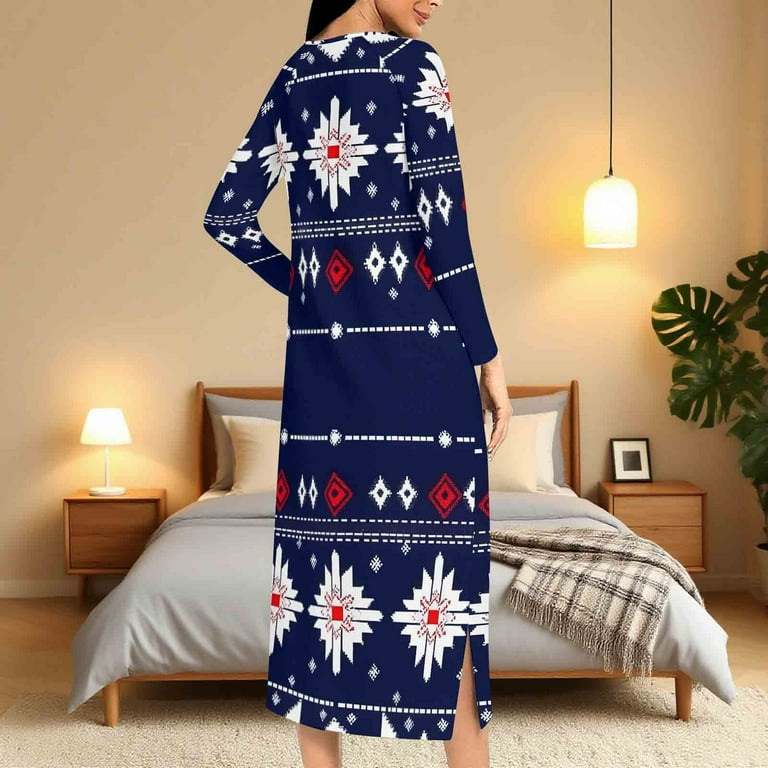 Christmas Dress Women Full Zip Long Dress Plaid Snowflakes Print Nightgown Maxi Dresses Soft Pajamas Loungewear (xl, Dark Blue)
