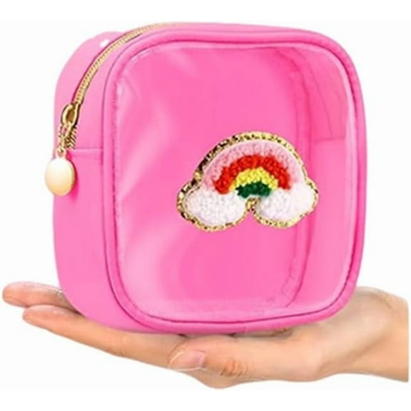 1 Pcs Preppy Patch Makeup Bag Mini Clear Chenille Letter Pouch Cute Cosmetic Bag with Zipper Small Transparent Toiletry Bags for Travel Women, 4.7 x 5.12 Inches
