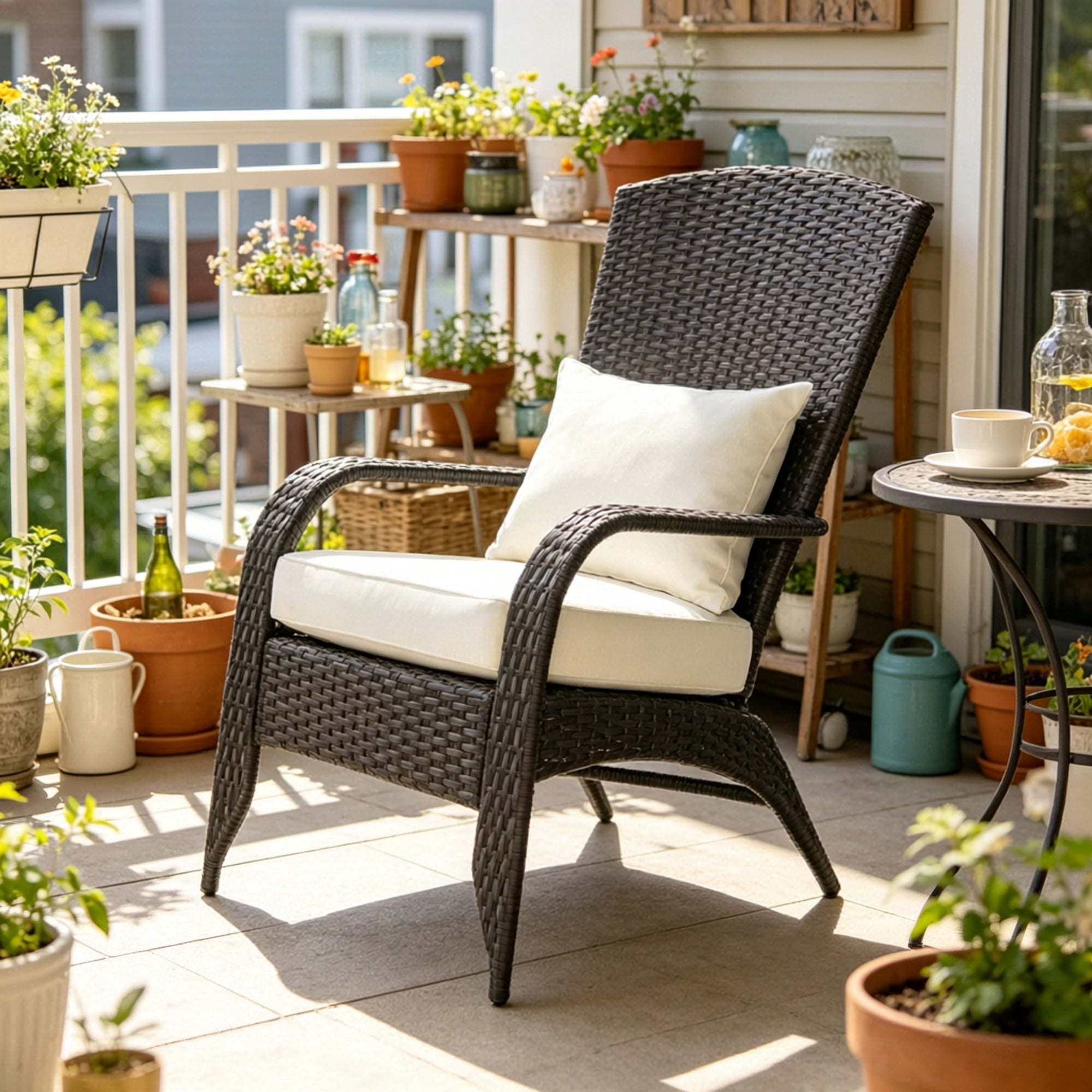 Weather Resistant PE Wicker Adirondack Chair with Zipper Removable Cushions, Steel Frame Curved Tall Back Patio Pool Porch Rattan Lounge Chair Holds 265 LBS