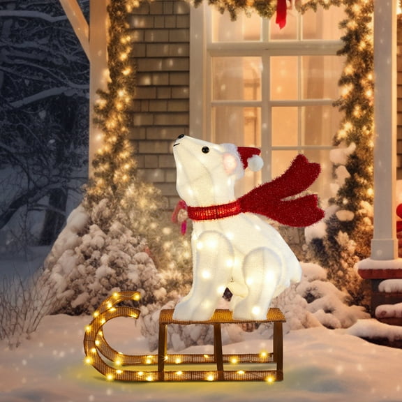 UBesGoo Christmas Polar Bear On A Sled Lighted Christmas Decoration Outdoor Yard Decor