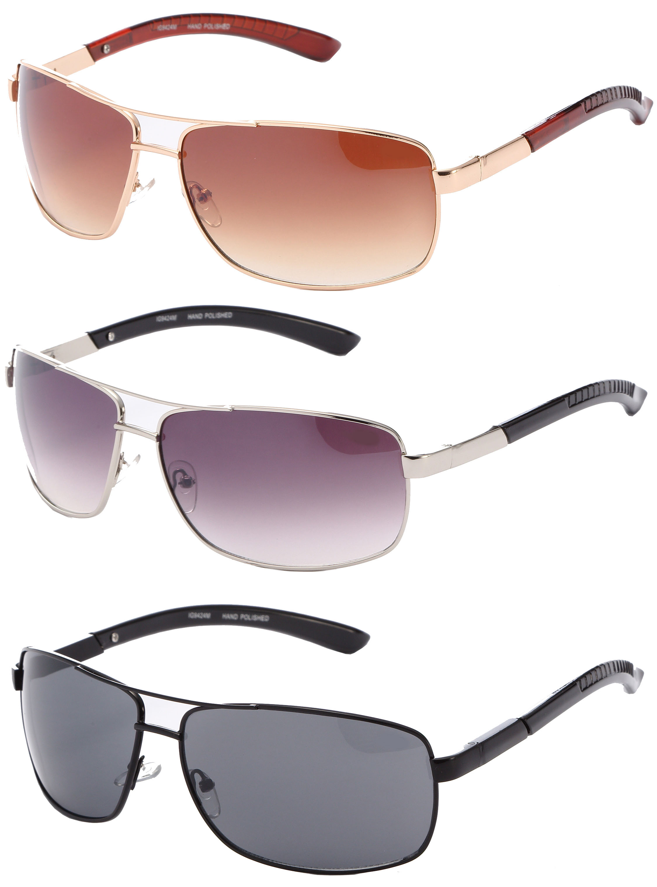 3 Packs Large Metal Frame Rectangular Aviator Spring Temple Fashion Sunglasses for Men for Women - image 1 of 1