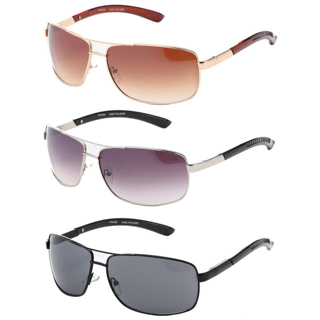 3 Packs Large Metal Frame Rectangular Aviator Spring Temple Fashion Sunglasses for Men for Women