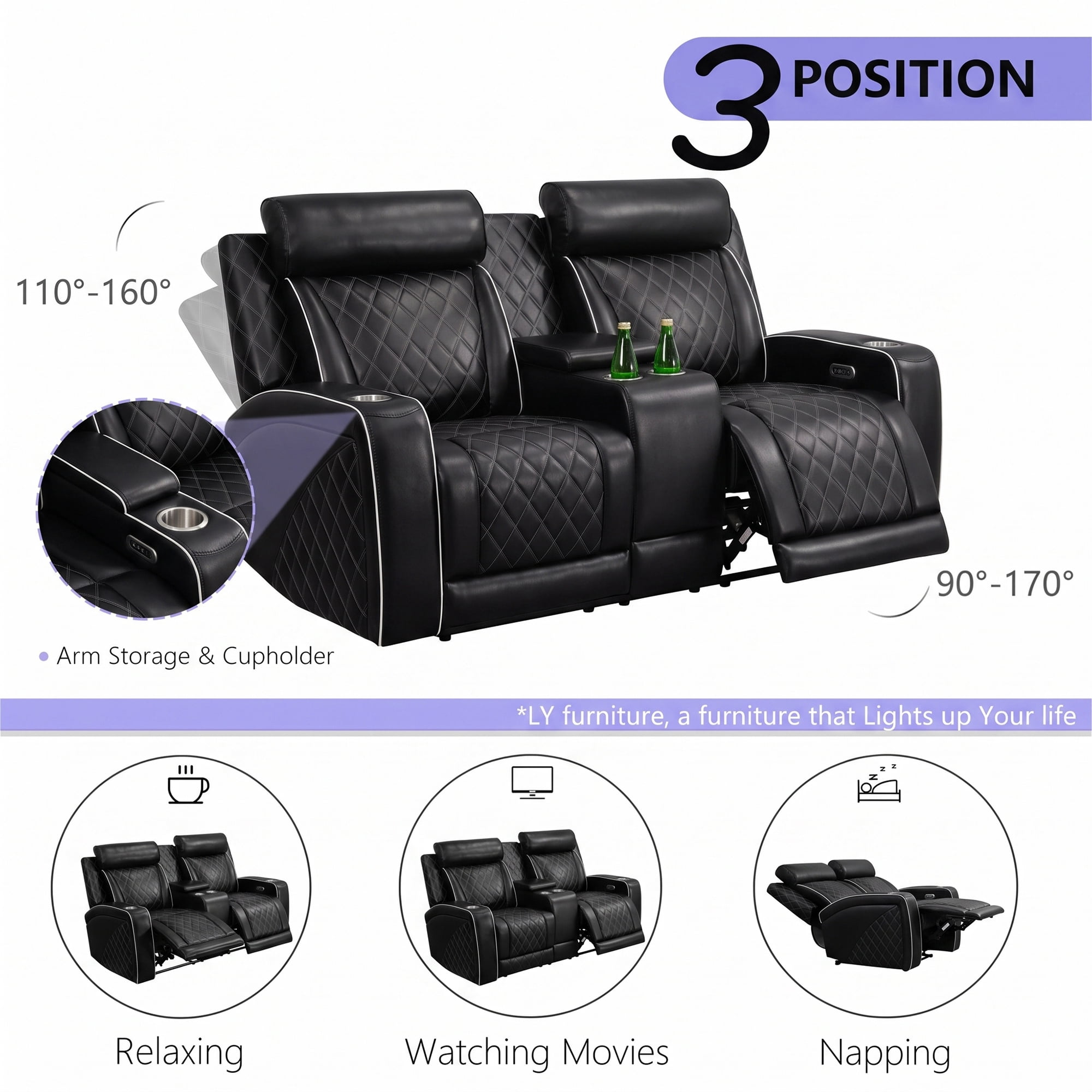 Aukfa Power Recliner Loveseat RV Sofa with USB, Cup Holders & LED Lighting, Storage Console, Home Theater Seating for Living Room, PU Leather, Black