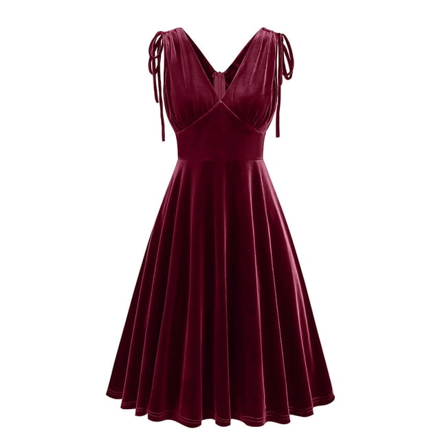 Penkiiy Robe pour Femme à Col en V Sans Manches Style Rétro en Velours Doré de Couleur Unie Robe Formelle L Rouge