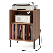 Giantex Record Player Stand, Turntable Side Table Nightstand w/Charging Station & Vinyl Record, Storage Cabinet, Walnut