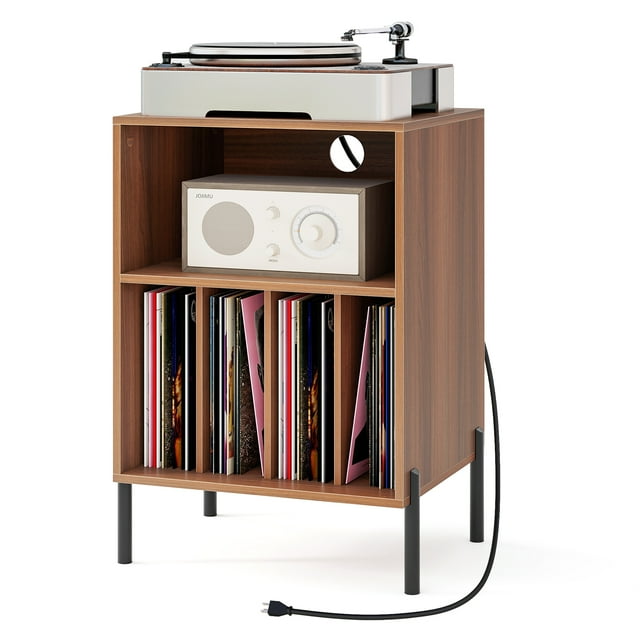 Giantex Meuble pour Tourne-Disque, Table d'Appoint Tournante Table de Nuit avec Station de Recharge et Disque Vinyle, Armoire de Rangement, Noyer