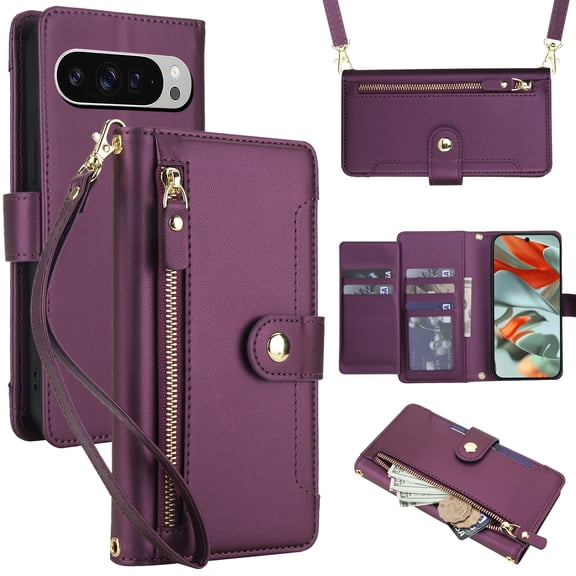 For Google Pixel 10 /10 Pro Crossbody Wallet Phone Case,With Detachable Shoulder Strap Wrist Strap,Card Slots,Zipper Pocket,Flip Foldable Kickstand,Anti-Scratch Shokcproof Phone Case,Dark Purple