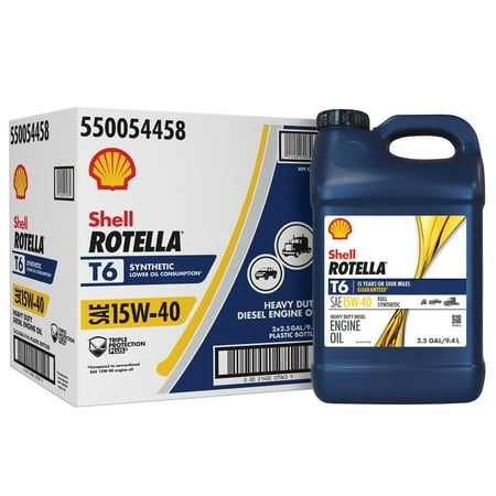 Shell Rotella T6 Full Synthetic 15W-40 Motor Oil, 2.5 Gallon (2 Pack)