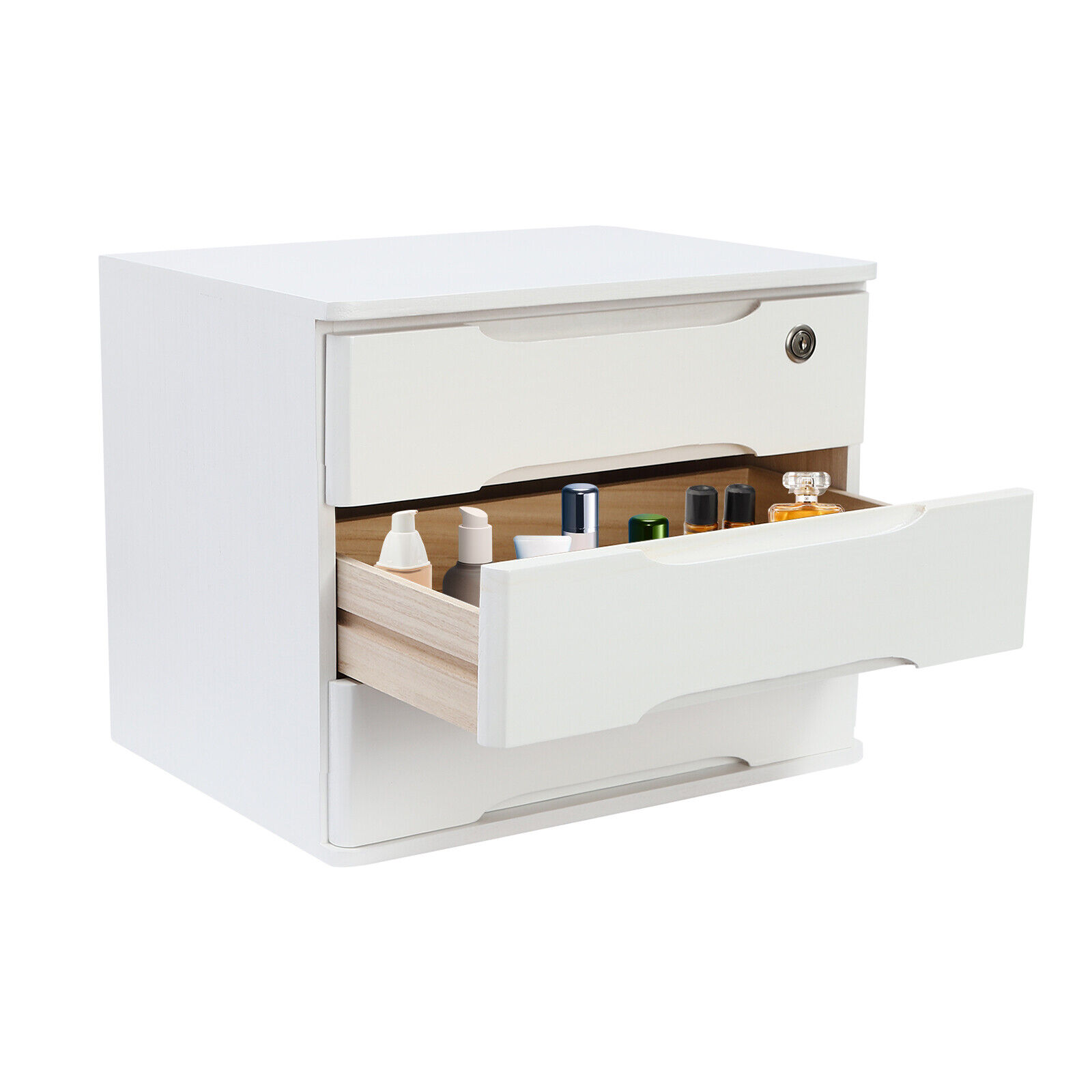 15.35 in White Desktop Organizer Storage Box Desk Drawers Locking Filing Cabinet
