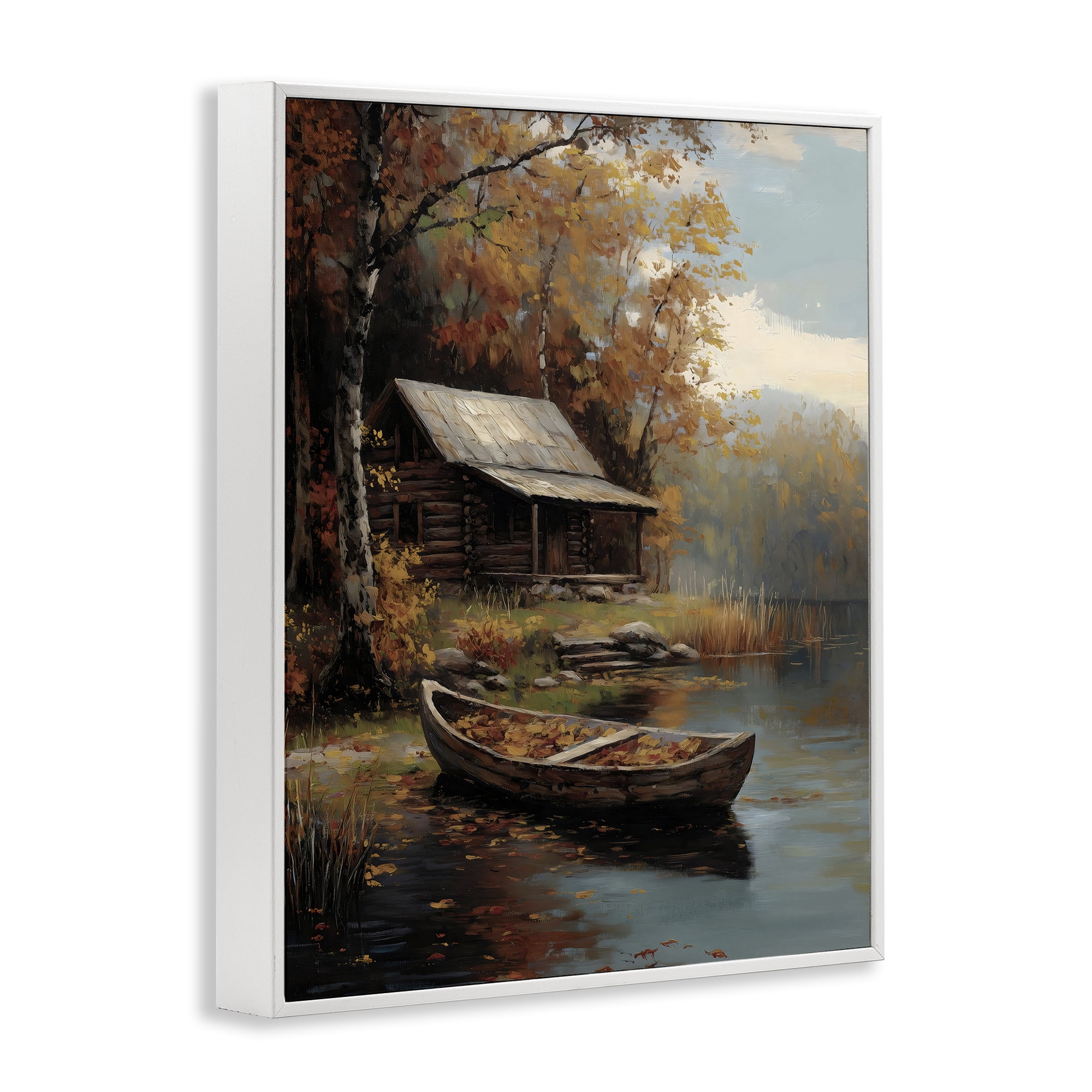 Autumn Cabin Canoe with Leaves White Framed Giclee Art, design by Arlington Prints