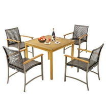 Gymax 5 PCS Patio Dining Set Acacia Wood Table w/ 1.9'' Umbrella Hole Wicker Armchairs