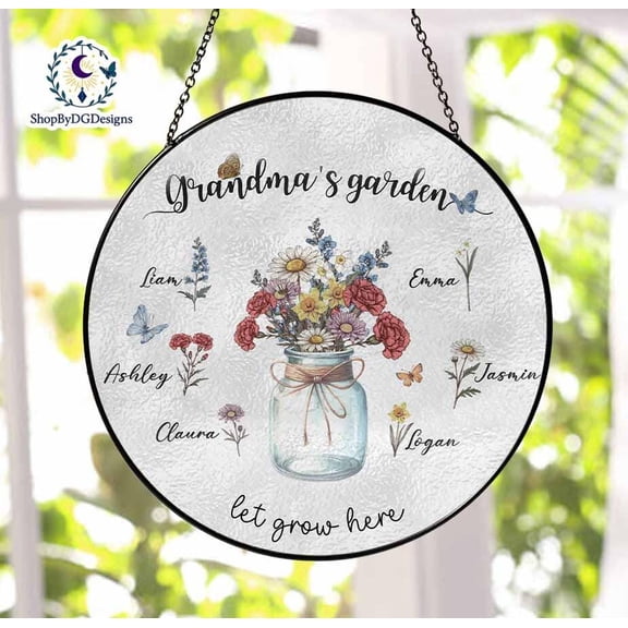 Grandma's Garden Personalized Floral Suncatcher – Custom Family Names Design, Handcrafted Mason Jar Window Art, Let Grow Here, Gift for Gr 1887815538