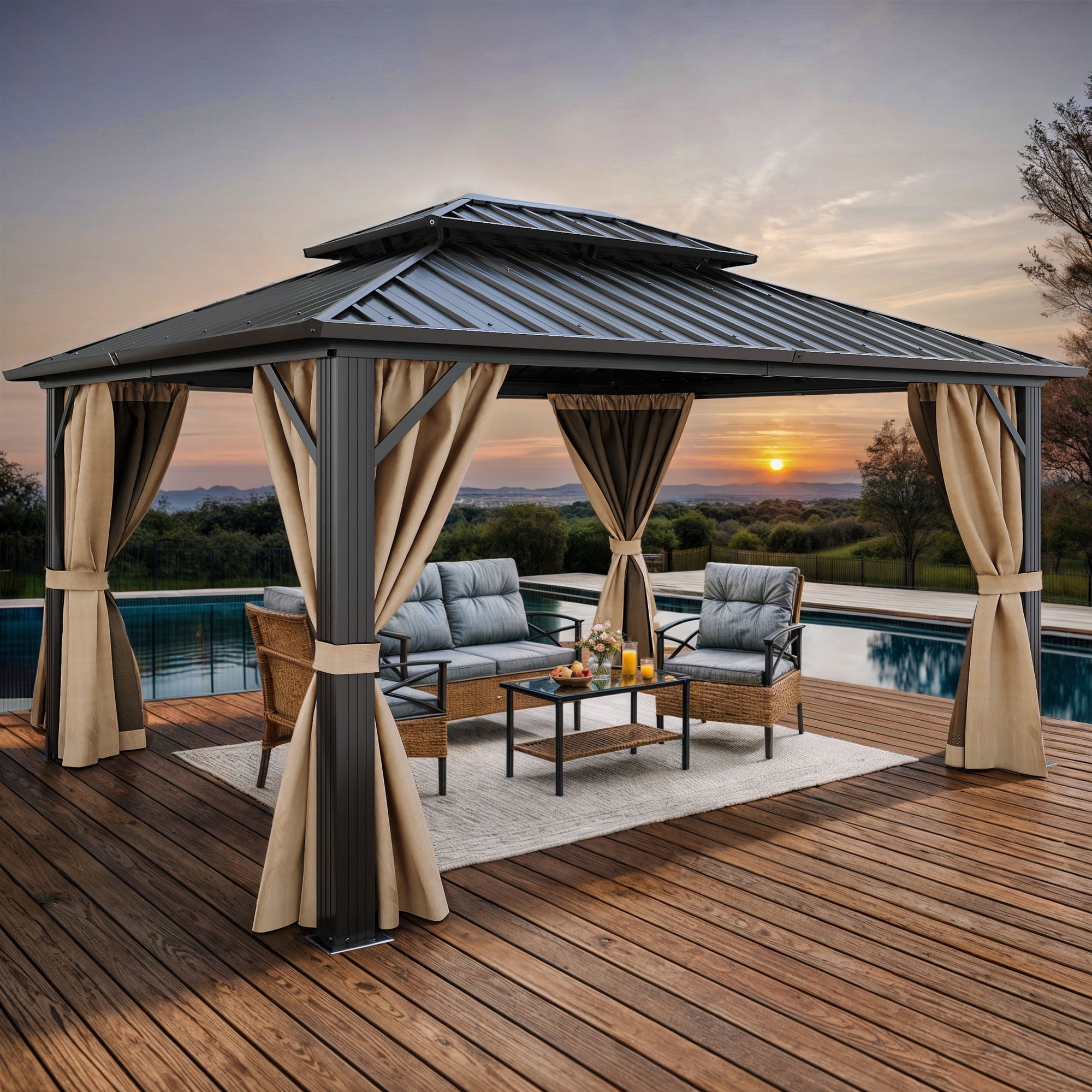 Uforic 10x12ft Hardtop Gazebo,Double Roof Galvanized Iron Aluminum Frame Gazebo W/ Netting and Brown Curtains
