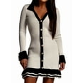 thumbnail image 2 of Womens Long Sleeve Ruffle Hem Knit Sweater Dress Collared Back Tie Knot Cut Out Mini Bodycon Dress Black & White M, 2 of 10