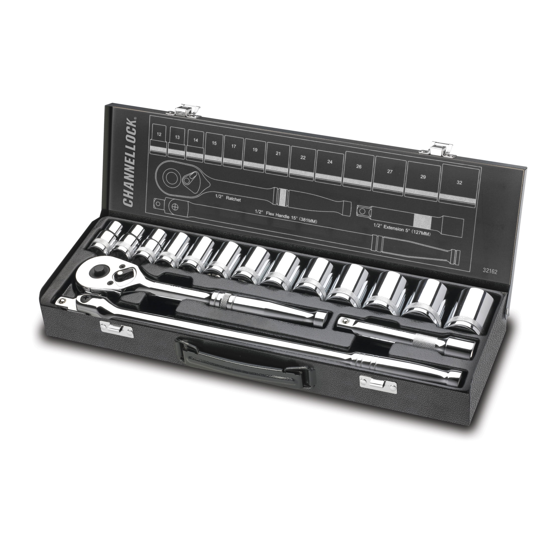 CHANNELLOCK 1/2-inch Metric Drive Socket Set, Includes Standard and Deep-Well Sizes, 6-point Sockets, Durable Steel Case, 16 pieces (38182)